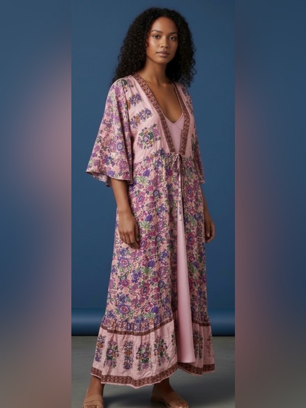 Umgee Pink Floral Kimono Maxi Tie Front Small